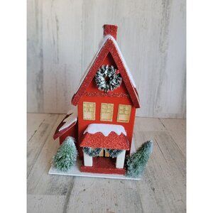 Red Xmas glitter house snow pine tree table top home decor light up
